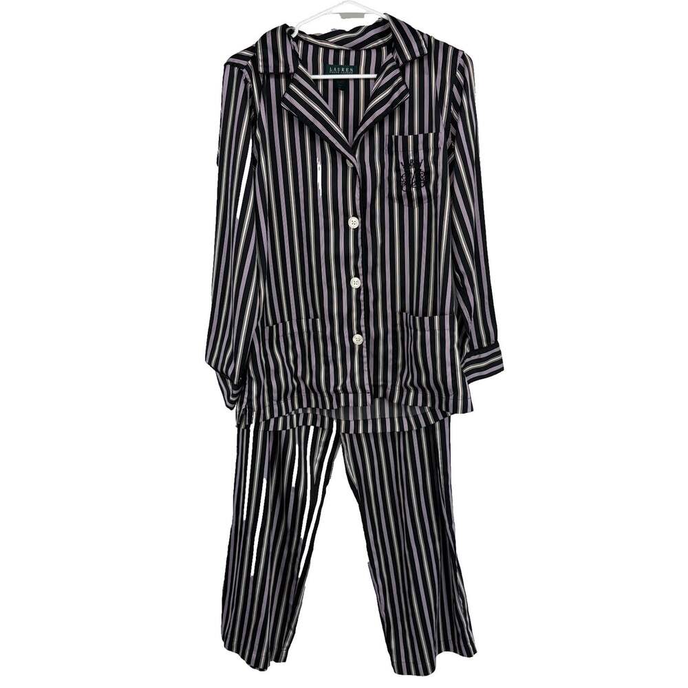 Lauren Ralph Lauren Women M Satin Pajama Set Striped Black Silky Embroidered